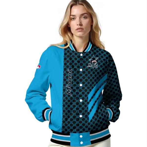miami marlins triple side stripes blue black varsity jacket latest model