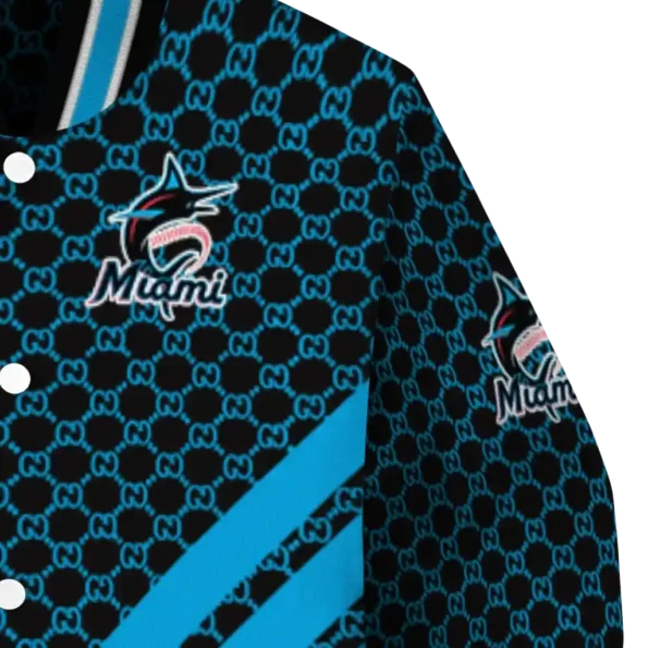 miami marlins triple side stripes blue black varsity jacket premium grade