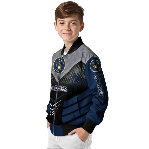 milwaukee brewers arrow layer navy blue black bomber jacket trendy