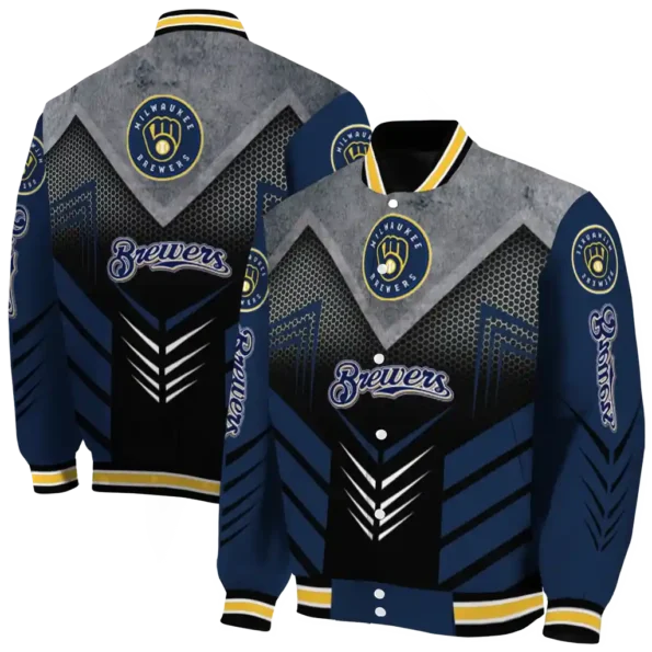 milwaukee brewers arrow layer navy blue black varsity jacket fashion forward