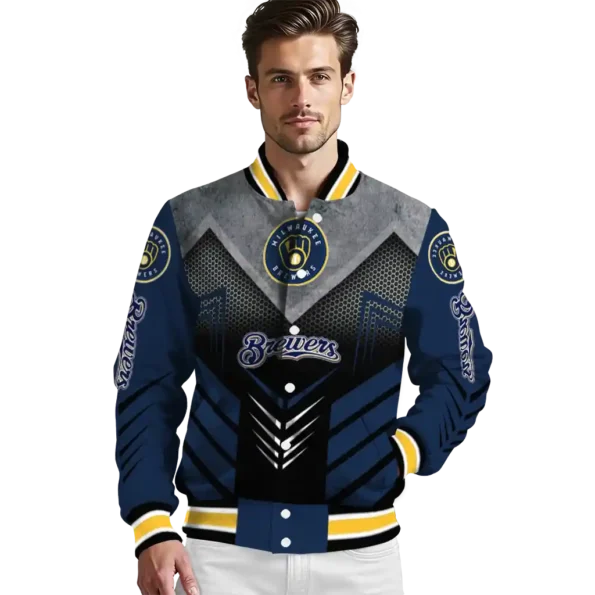 milwaukee brewers arrow layer navy blue black varsity jacket high quality