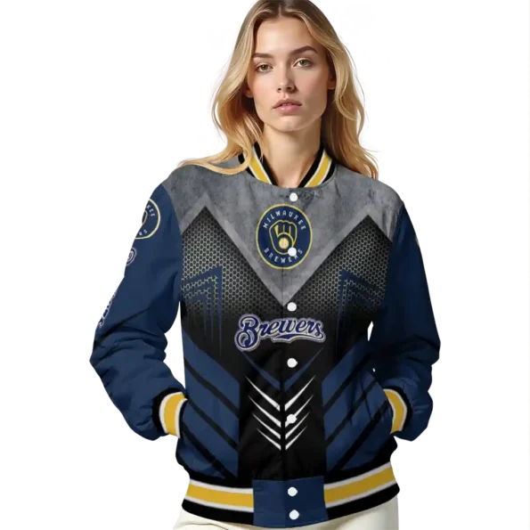 milwaukee brewers arrow layer navy blue black varsity jacket latest model