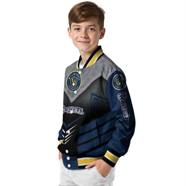 milwaukee brewers arrow layer navy blue black varsity jacket trendy