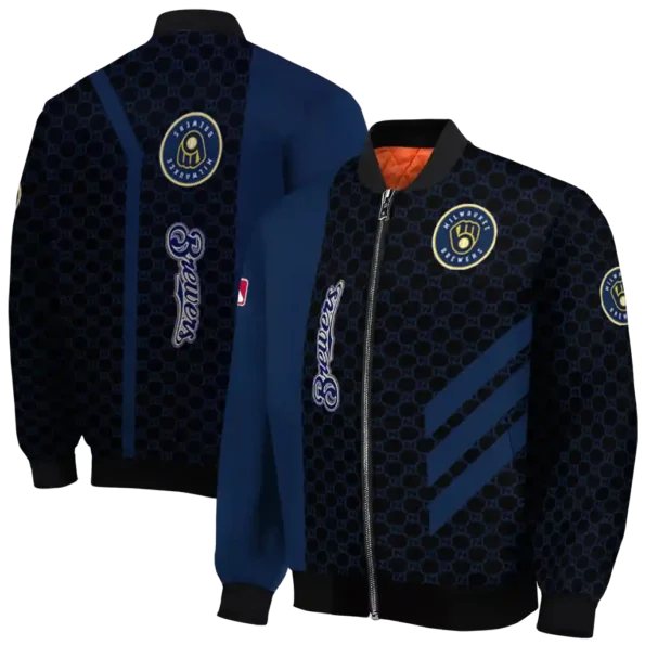 milwaukee brewers triple side stripes navy blue black bomber jacket fashion forward