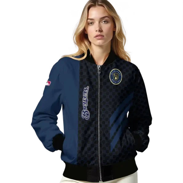 milwaukee brewers triple side stripes navy blue black bomber jacket latest model