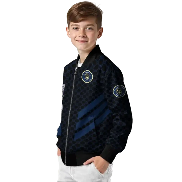 milwaukee brewers triple side stripes navy blue black bomber jacket trendy