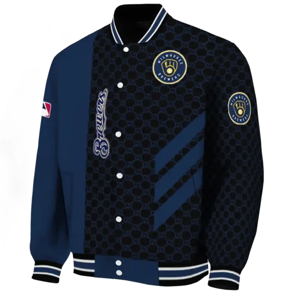 milwaukee brewers triple side stripes navy blue black varsity jacket best selling
