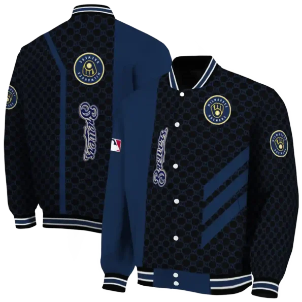 milwaukee brewers triple side stripes navy blue black varsity jacket fashion forward