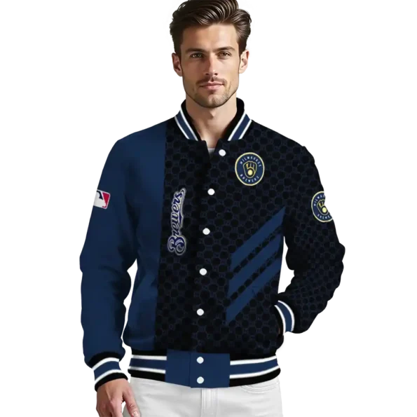 milwaukee brewers triple side stripes navy blue black varsity jacket high quality