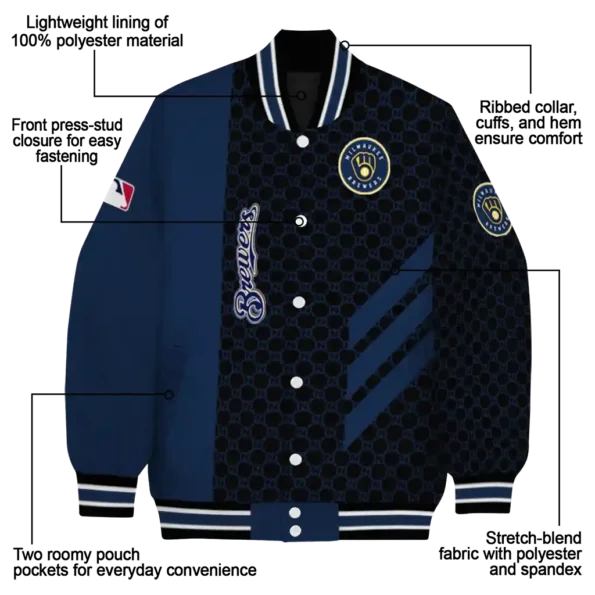 milwaukee brewers triple side stripes navy blue black varsity jacket new arrival