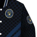 milwaukee brewers triple side stripes navy blue black varsity jacket best selling
