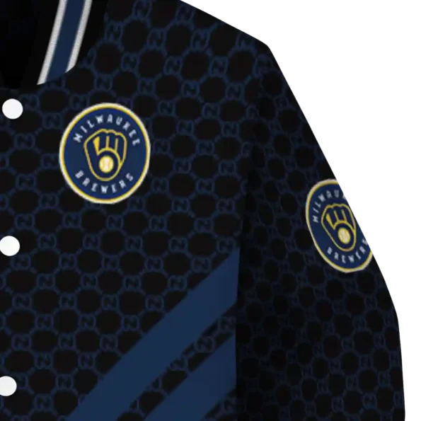 milwaukee brewers triple side stripes navy blue black varsity jacket premium grade