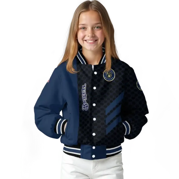 milwaukee brewers triple side stripes navy blue black varsity jacket top rated