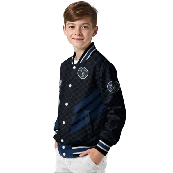 milwaukee brewers triple side stripes navy blue black varsity jacket trendy