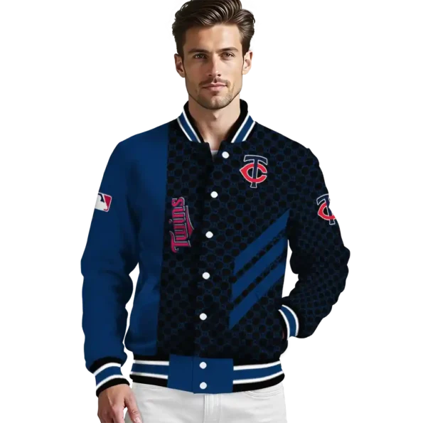 minnesota twins triple side stripes navy black varsity jacket high quality