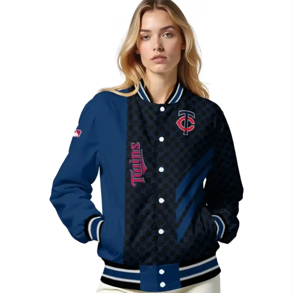 minnesota twins triple side stripes navy black varsity jacket latest model