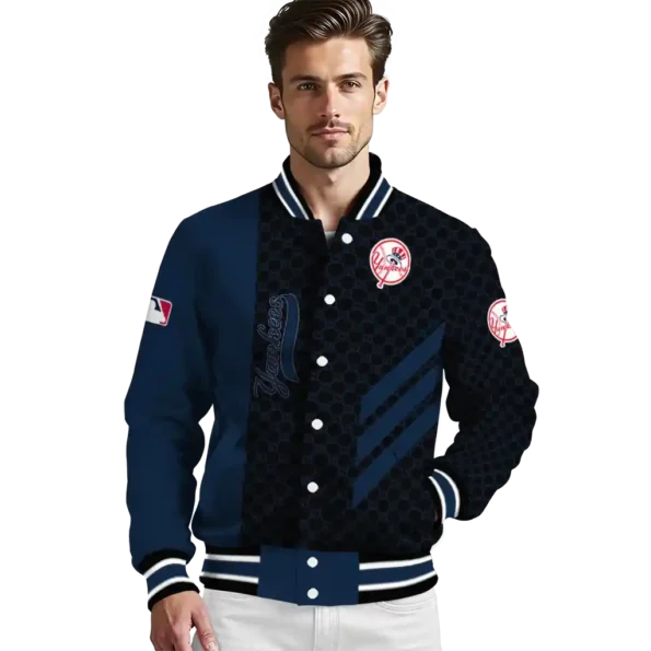 new york yankees triple side stripes navy black varsity jacket high quality