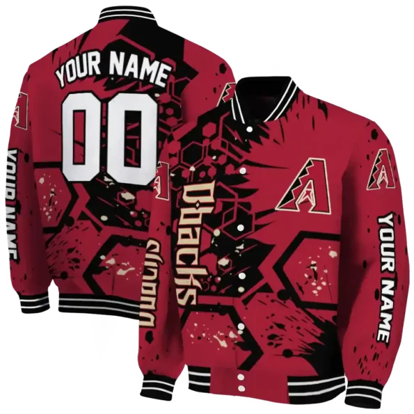 personalized arizona diamondbacks hexagon cluster red black varsity jacket fashion forward