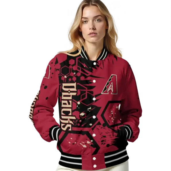 personalized arizona diamondbacks hexagon cluster red black varsity jacket latest model