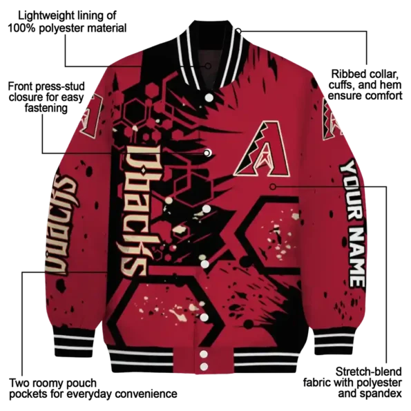 personalized arizona diamondbacks hexagon cluster red black varsity jacket new arrival