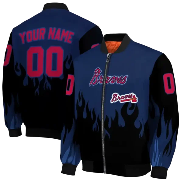 personalized atlanta braves flame border navy black bomber jacket fashion forward.webp