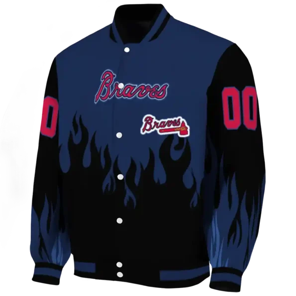 personalized atlanta braves flame border navy black varsity jacket best selling