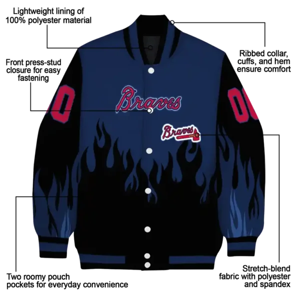 personalized atlanta braves flame border navy black varsity jacket new arrival