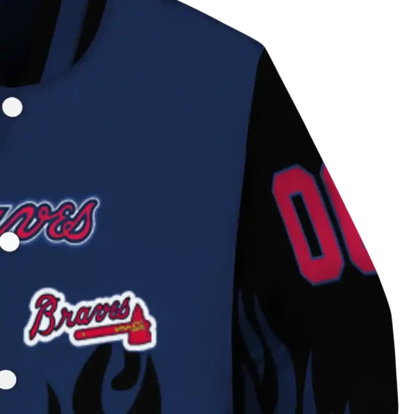 personalized atlanta braves flame border navy black varsity jacket premium grade