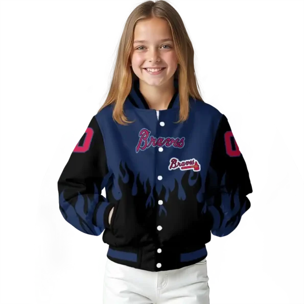 personalized atlanta braves flame border navy black varsity jacket top rated