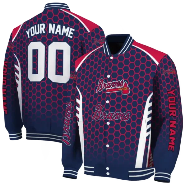 personalized atlanta braves hexagon grid navy varsity jacket fashion forward