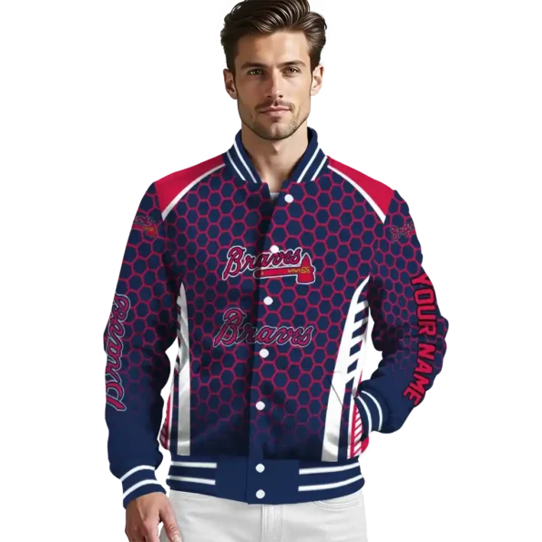 personalized atlanta braves hexagon grid navy varsity jacket high quality