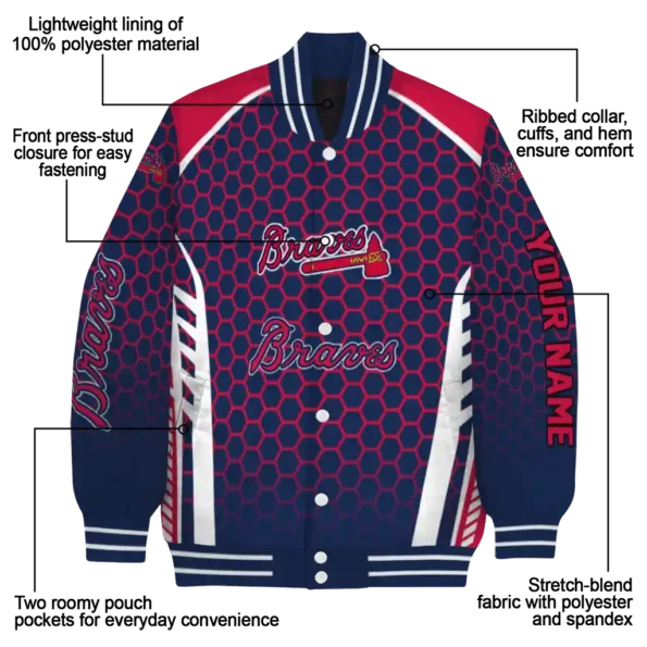 personalized atlanta braves hexagon grid navy varsity jacket new arrival