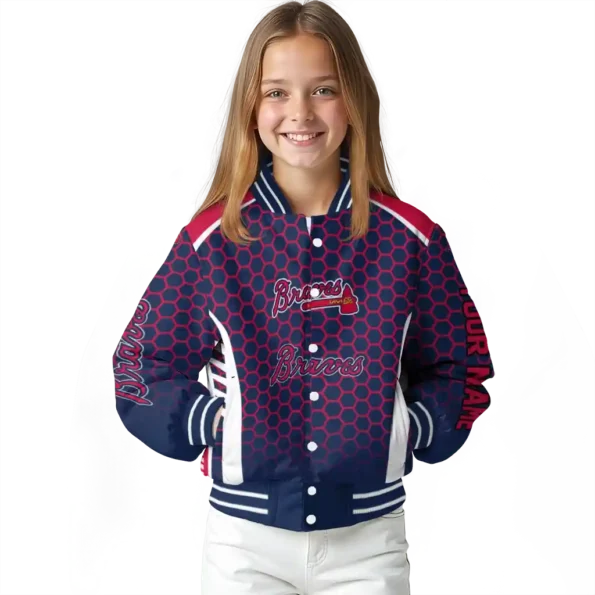 personalized atlanta braves hexagon grid navy varsity jacket top rated