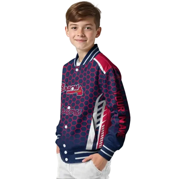 personalized atlanta braves hexagon grid navy varsity jacket trendy