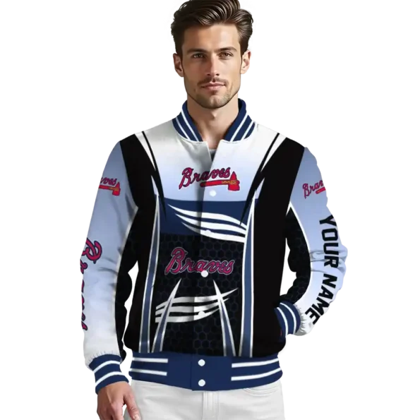 personalized atlanta braves mesh effect navy black varsity jacket high quality