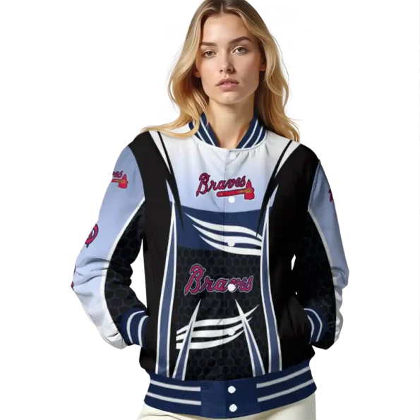 personalized atlanta braves mesh effect navy black varsity jacket latest model