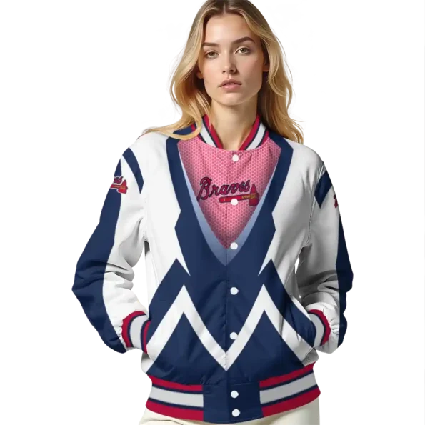 personalized atlanta braves v stripes navy white varsity jacket latest model