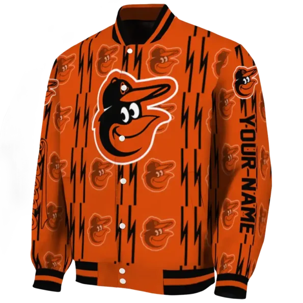 personalized baltimore orioles bolt stripe orange varsity jacket best selling