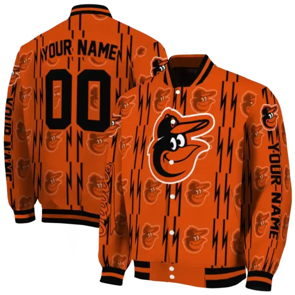 personalized baltimore orioles bolt stripe orange varsity jacket fashion forward