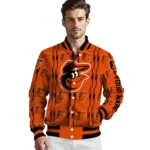 personalized baltimore orioles bolt stripe orange varsity jacket best selling