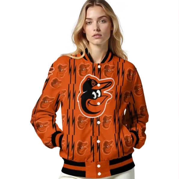 personalized baltimore orioles bolt stripe orange varsity jacket latest model