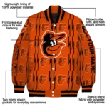 personalized baltimore orioles bolt stripe orange varsity jacket best selling