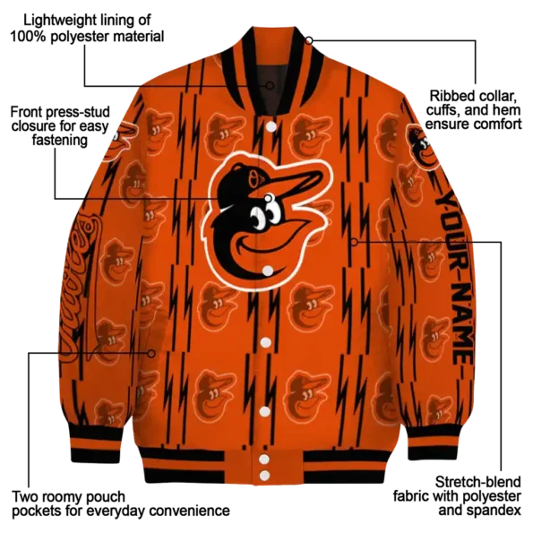 personalized baltimore orioles bolt stripe orange varsity jacket new arrival