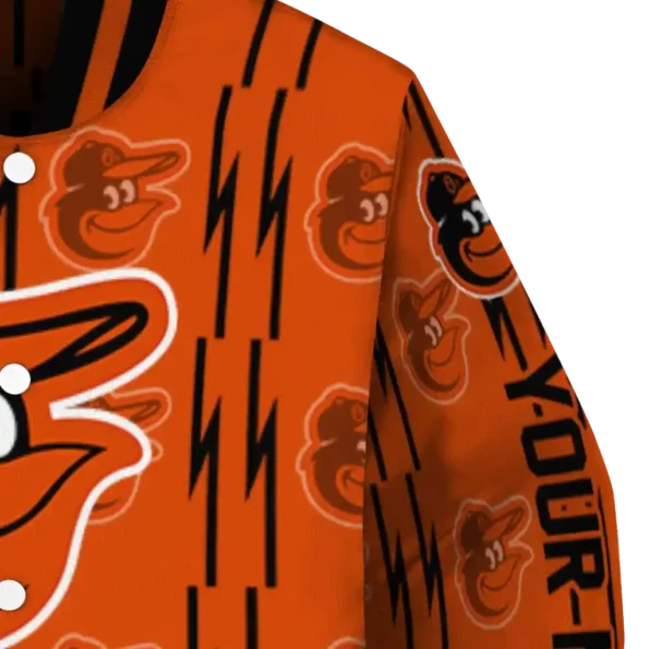 personalized baltimore orioles bolt stripe orange varsity jacket premium grade