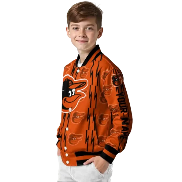 personalized baltimore orioles bolt stripe orange varsity jacket trendy