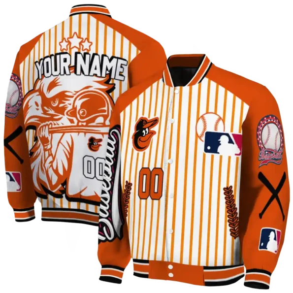 personalized baltimore orioles eagle baseball orange white varsity jacket fashion forward