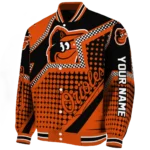 personalized baltimore orioles star burst orange varsity jacket best selling