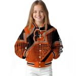personalized baltimore orioles star burst orange varsity jacket best selling