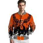 personalized baltimore orioles winged blaze orange white varsity jacket best selling