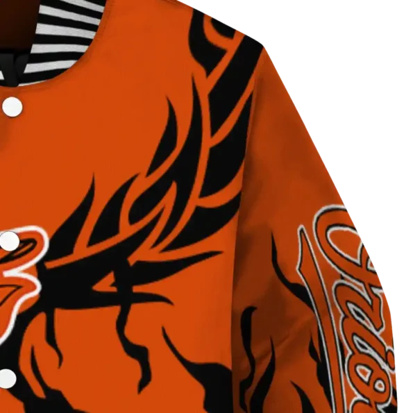 personalized baltimore orioles winged blaze orange white varsity jacket premium grade